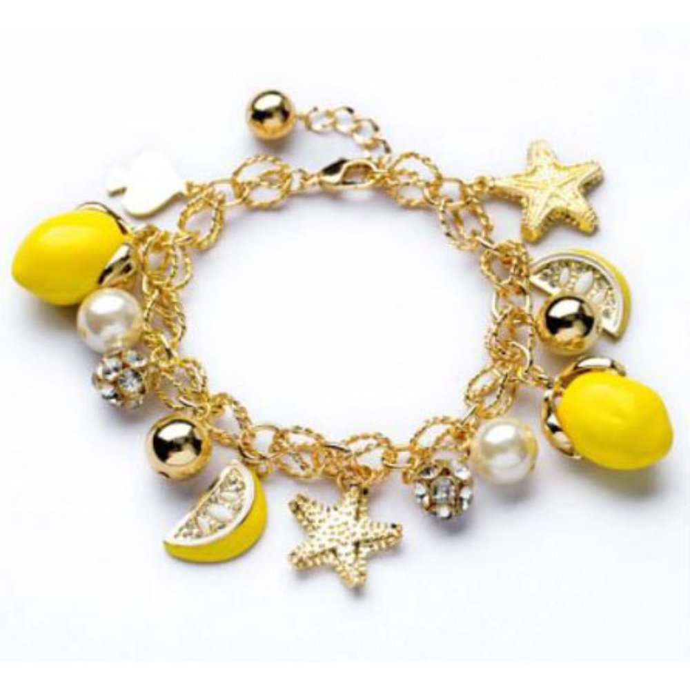 Lemon Charm Bracelet Gold Tone Fruit Starfish